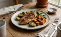 Charred Chicken Breast with Roasted Sweet Potato, Green Beans, and Brussels Sprouts