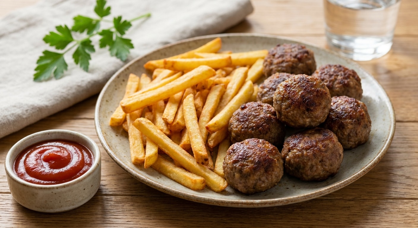 Meatballs with French Fries and Ketchup