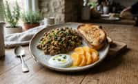 Savory Scrambled Beef and Egg with Toast, Orange, and Yogurt
