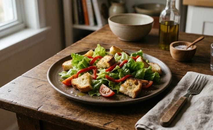 Crisp Green Leaf Salad with Roasted Red Pepper, Tomato, and Toasted Bread