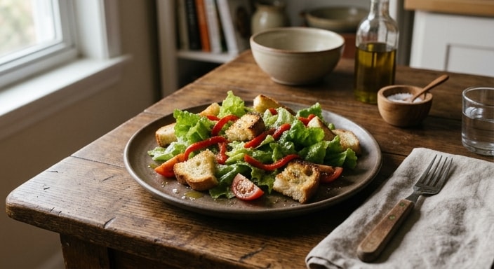 Crisp Green Leaf Salad with Roasted Red Pepper, Tomato, and Toasted Bread