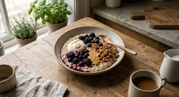 Havregrødsskål med peanutbutter, bærkompot, yoghurt og granola