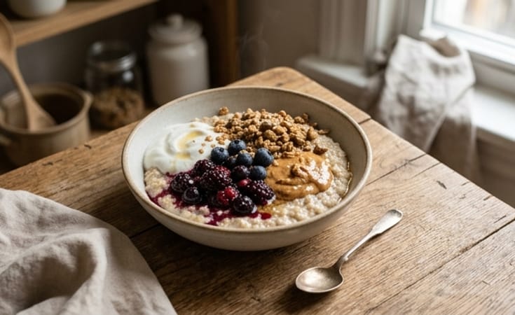 Oatmeal Bowl with Peanut Butter, Mixed Berry Compote, Yogurt, and Granola