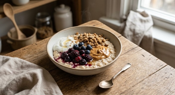 Havregrødsskål med peanutbutter, bærkompot, yoghurt og granola