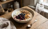 Oatmeal Bowl with Peanut Butter, Mixed Berry Compote, Yogurt, and Granola