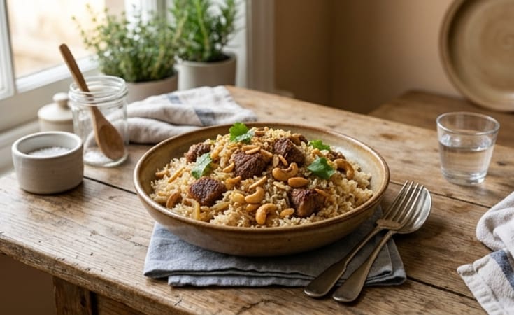 Lamb Basmati Pilaf with Cashew, Almond, and Onion
