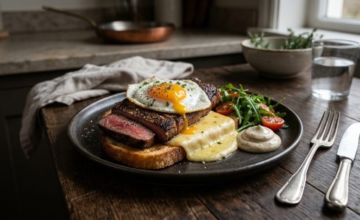 Steak, Fried Egg, and Cheddar Toast with Pepper Mayonnaise