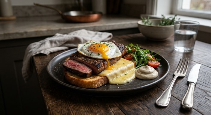 Steak, Fried Egg, and Cheddar Toast with Pepper Mayonnaise