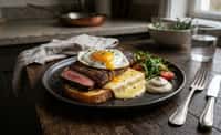 Steak, Fried Egg, and Cheddar Toast with Pepper Mayonnaise