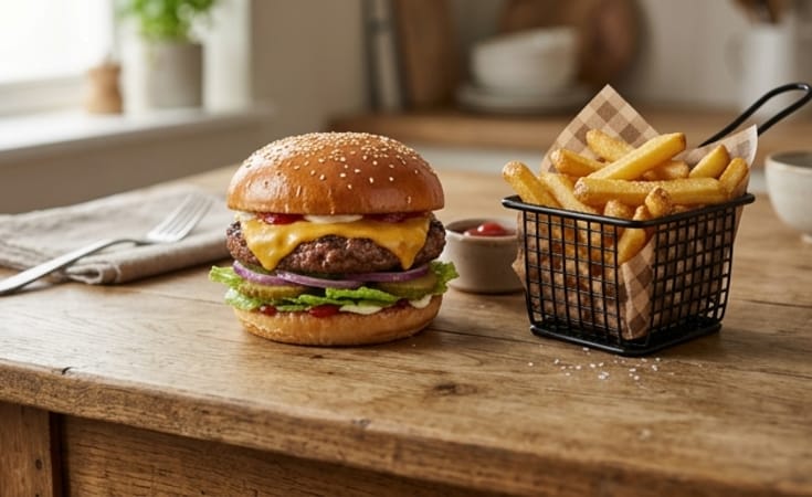 Sesame Seed Cheeseburger with Crisp French Fries