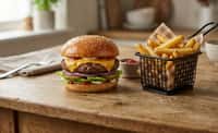 Sesame Seed Cheeseburger with Crisp French Fries