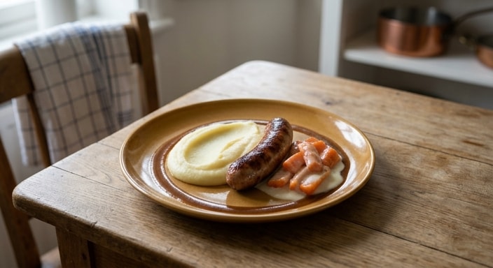 Pan-Fried Pork Sausage with Silken Potato Purée, Glazed Carrot in White Sauce, and Brown Sauce