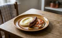 Pan-Fried Pork Sausage with Silken Potato Purée, Glazed Carrot in White Sauce, and Brown Sauce