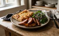 Cheddar Puff Pastry Tart with Barbecue-Glazed Potato Wedges and Bitter Leaf Salad