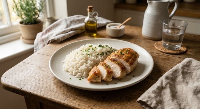 Chicken and Rice with Crisped Chicken and Steamed Grain