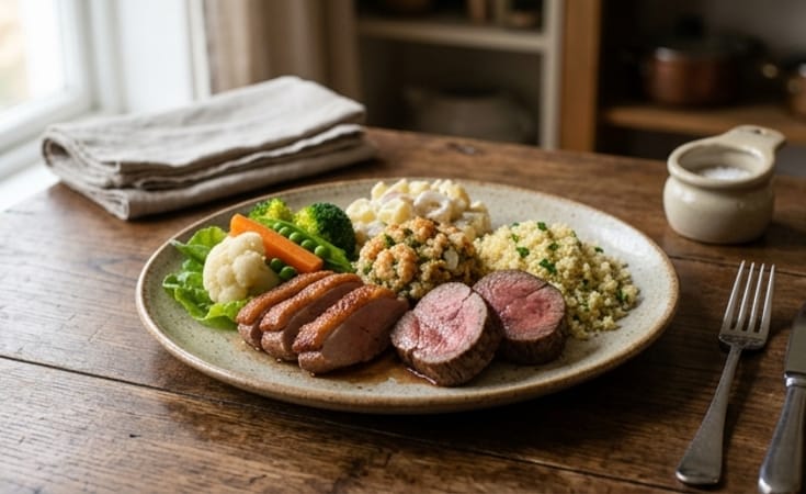 Roast Duck and Beef with Shrimp Stuffing, Couscous, Potato Salad, and Garden Vegetables