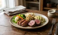 Roast Duck and Beef with Shrimp Stuffing, Couscous, Potato Salad, and Garden Vegetables
