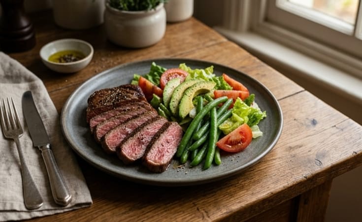 Seared Beef Steak with Green Bean, Avocado, and Lettuce Salad
