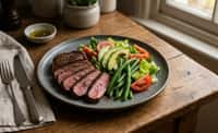 Seared Beef Steak with Green Bean, Avocado, and Lettuce Salad