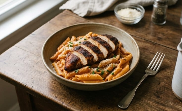 Penne with Tomato Cream Sauce and Blackened Chicken