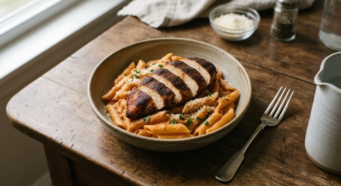 Penne with Tomato Cream Sauce and Blackened Chicken