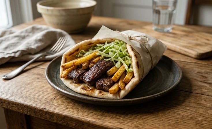 Steak-Filled Flatbread with Crisp Fries and Shredded Lettuce