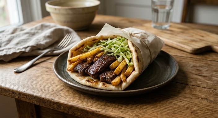 Steak-Filled Flatbread with Crisp Fries and Shredded Lettuce
