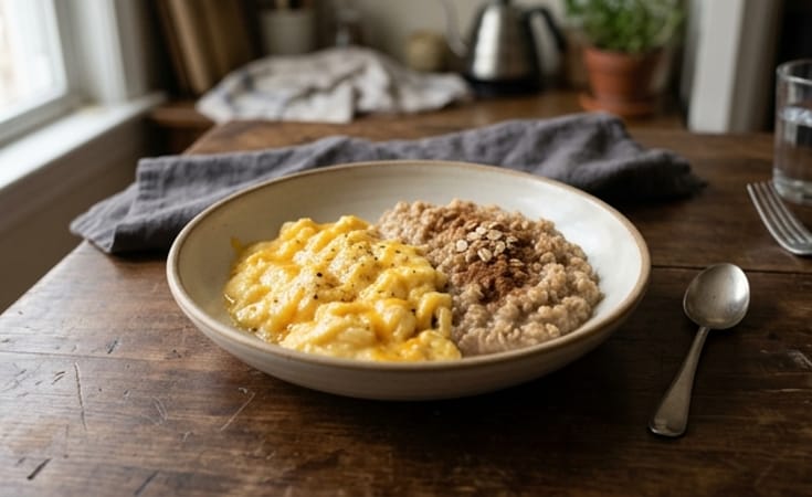 Silken Egg White Scramble with Cheddar and Cinnamon Oat Porridge
