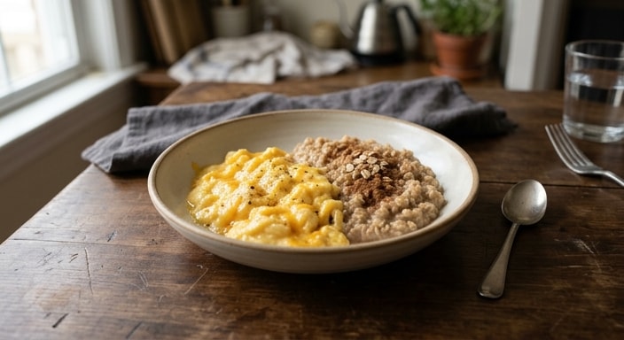 Silken Egg White Scramble with Cheddar and Cinnamon Oat Porridge