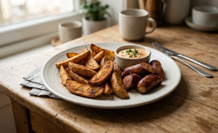 Crisp Baked Potato Wedges with Sausage and Paprika Cream