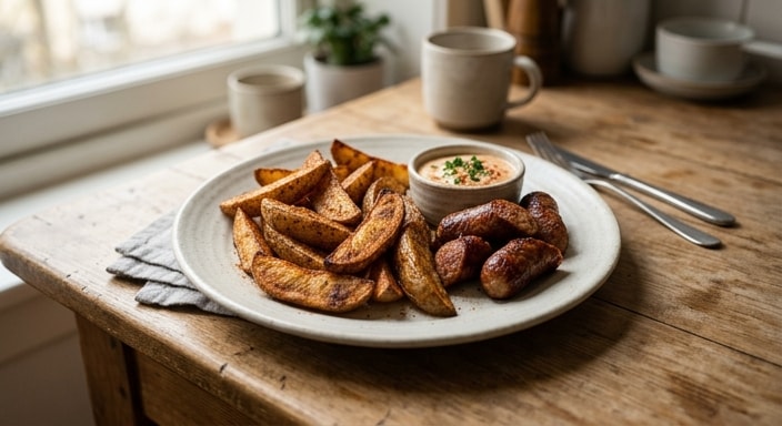 Crisp Baked Potato Wedges with Sausage and Paprika Cream