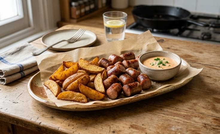 Rustic Potato Wedges with Roast Sausage and Paprika Dipping Sauce