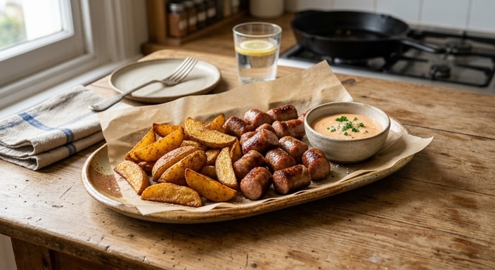 Rustic Potato Wedges with Roast Sausage and Paprika Dipping Sauce