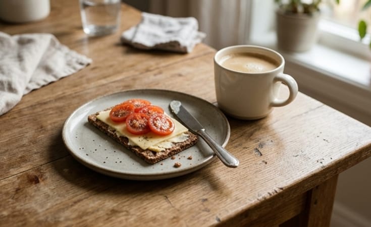 Buttered Rye Crispbread with Processed Cheese, Cherry Tomato, and Milk Coffee