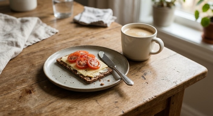 Buttered Rye Crispbread with Processed Cheese, Cherry Tomato, and Milk Coffee
