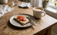 Buttered Rye Crispbread with Processed Cheese, Cherry Tomato, and Milk Coffee