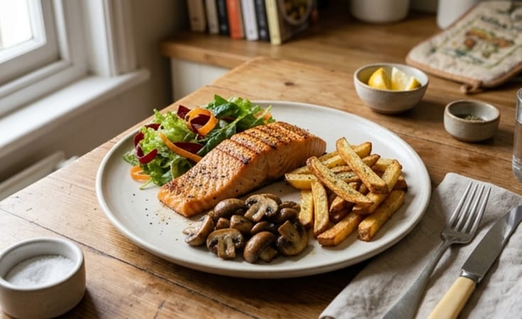 Grilled Salmon with Crisp Oven Fries, Sautéed Mushrooms, and Mixed Leaf Salad