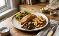 Grilled Salmon with Crisp Oven Fries, Sautéed Mushrooms, and Mixed Leaf Salad