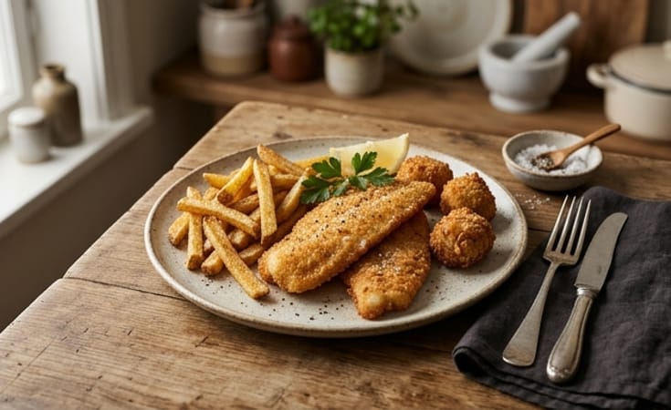 Crisp Breaded White Fish with Pommes Frites and Potato Croquettes