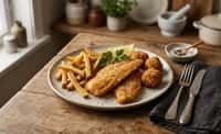 Crisp Breaded White Fish with Pommes Frites and Potato Croquettes