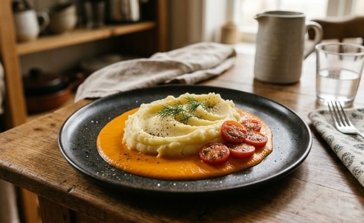 Mashed Potato with Creamy Carrot Sauce and Cherry Tomato