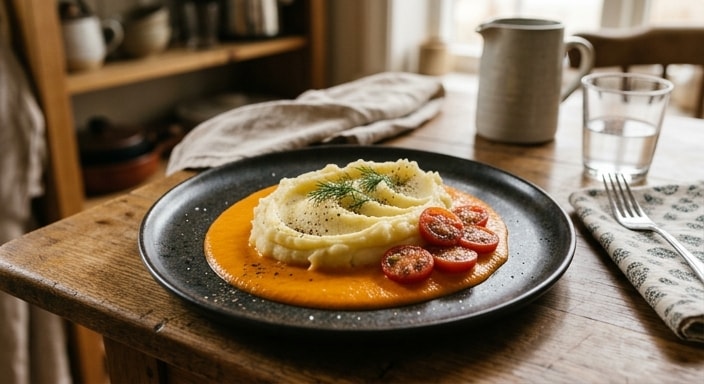Mashed Potato with Creamy Carrot Sauce and Cherry Tomato