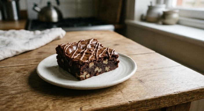 Sjokolade-brownie met sjokolade-drup en okkerneut