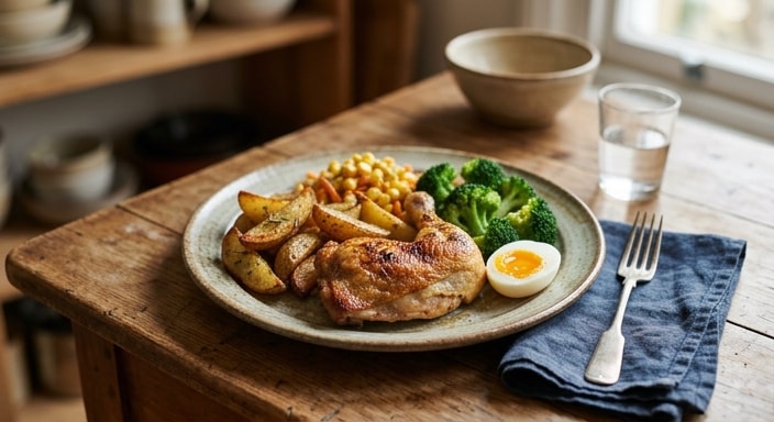Roasted Chicken with Potato Wedges, Broccoli, and Corn Salad