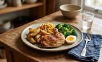 Roasted Chicken with Potato Wedges, Broccoli, and Corn Salad