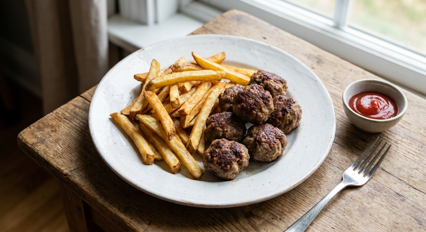Meatball and French Fry Plate