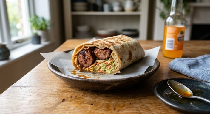 Grilled Sausage Wrap with Cabbage Slaw and Orange Soda Glaze