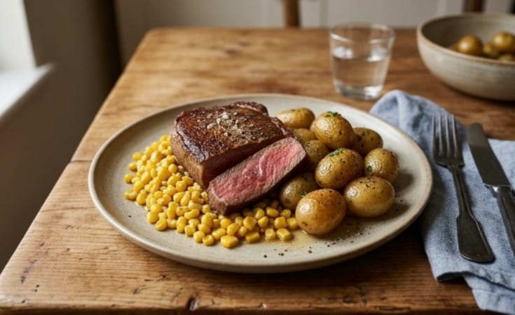 Seared Beef Steak with Buttered Corn and Baby Potatoes