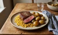 Seared Beef Steak with Buttered Corn and Baby Potatoes