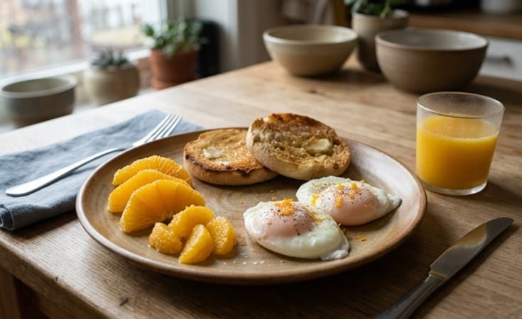 Citrus-Scented Eggs with Toasted English Muffins and Orange Juice